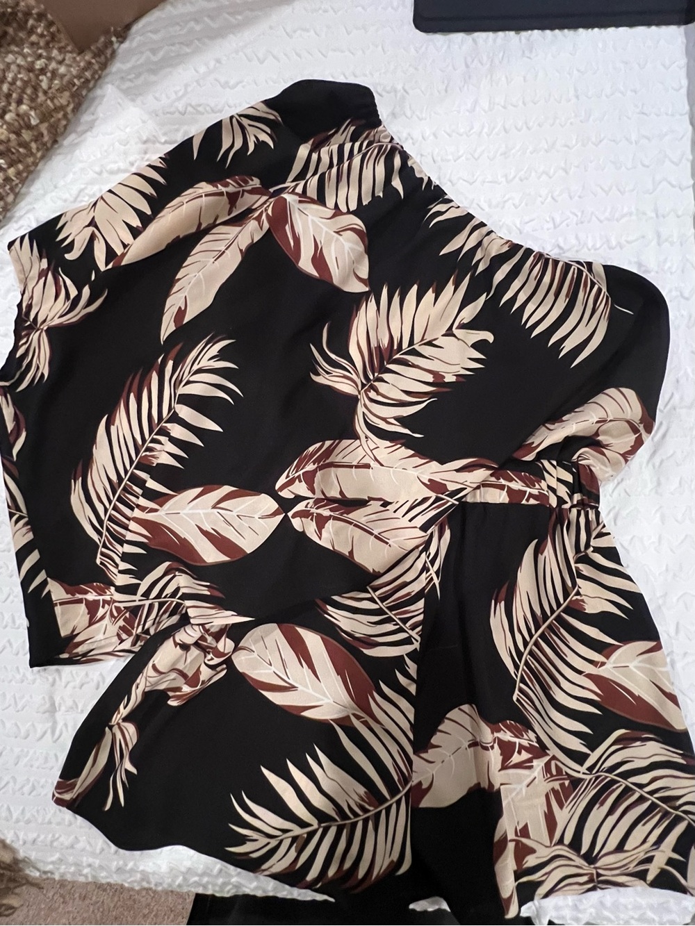 Black Tropical Print Women's Blouse - Cream & Brown Leaf Pattern medium